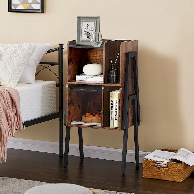 of 2 Industrial Nightstands with Storage Shelves,Brown