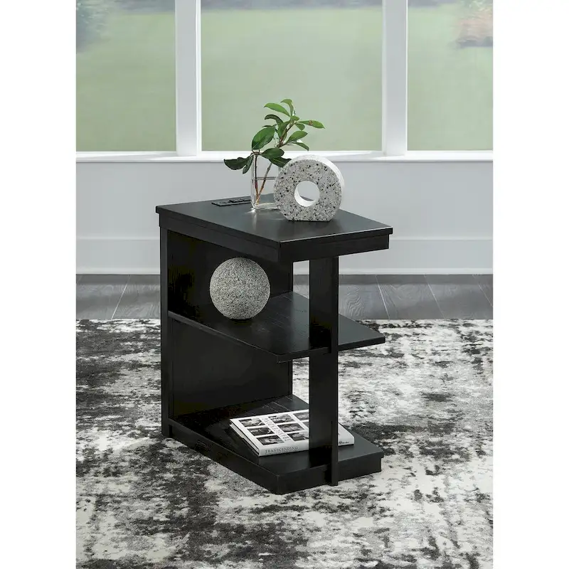 Black Chairside End Table with USB Charging Ports, 2-Shelf, 1-Person