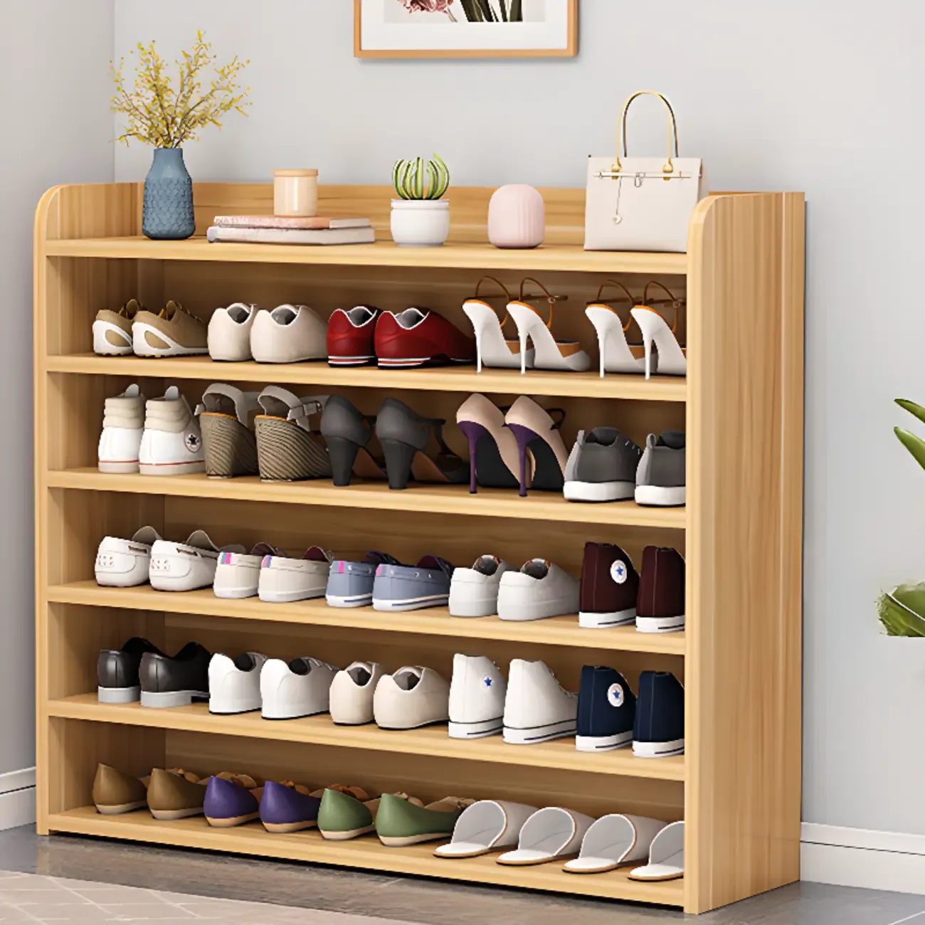 Vertical White Wooden Hallway 6-Tier Open Shoe Rack