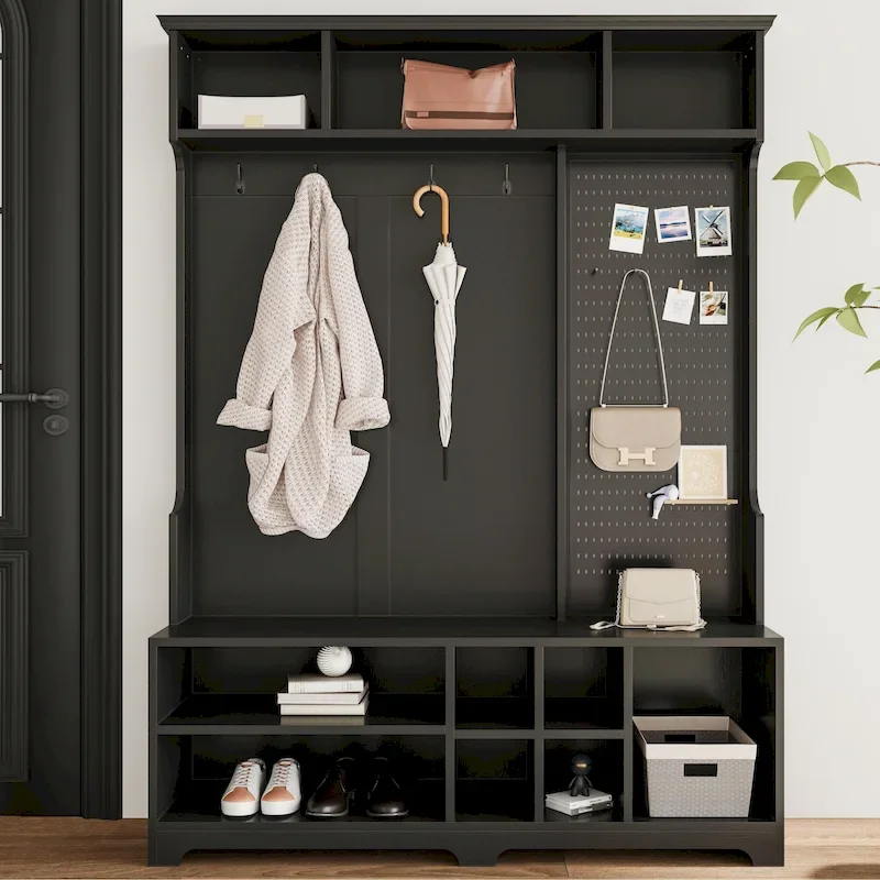 Modern Style Coat Rack with Shoe Bench, Shoe Storage, Storage Shelves and Pegboard, for Entrance and Hallway, Living Room