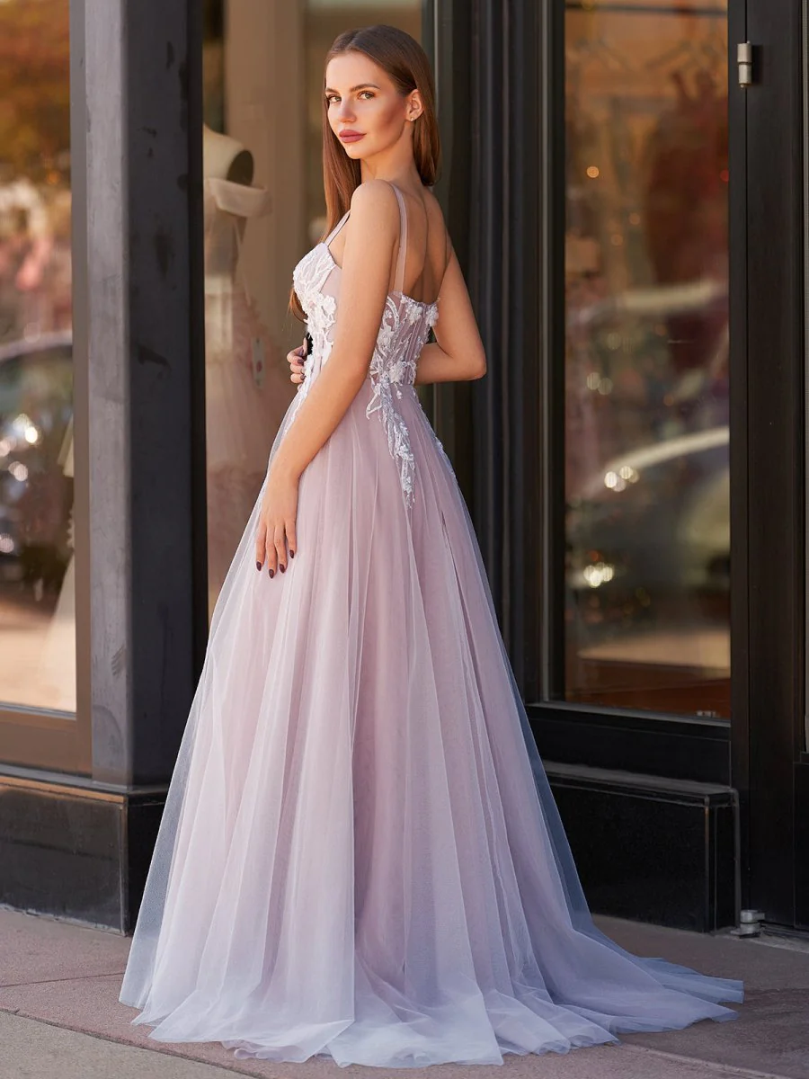 Lavender A-line Sweetheart Neckline Tulle Sweep Train Prom Dress