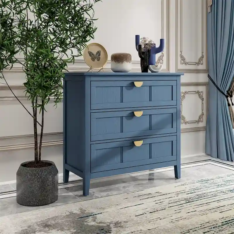 Blue 3-Drawer Cabinet with Wood Top, Single
