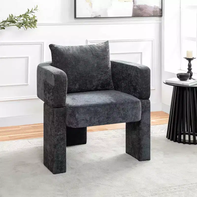 Modern 3-Leg Chenille Accent Chair with Ergonomic Arms Removable Pillow 260lbs Capacity Small Space Armchair Grey