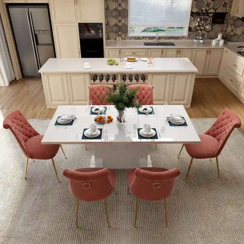 7-Piece Clihome High-gloss Extendable Table Velvet Chair Dining Set