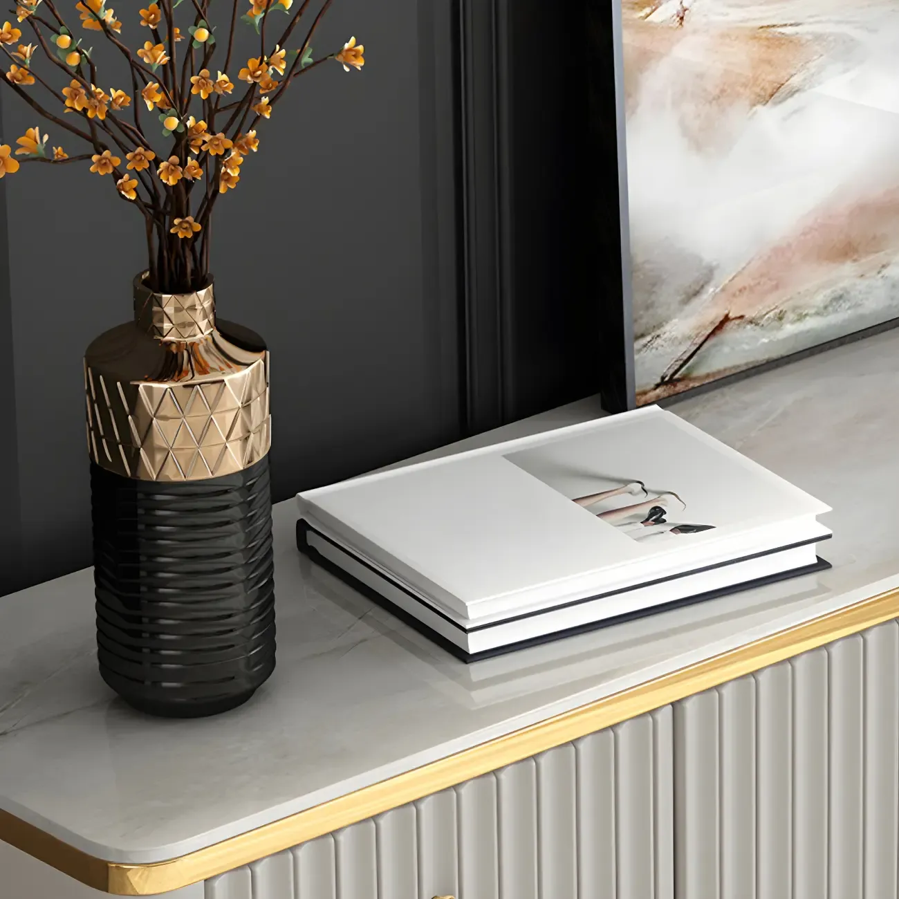 Elegant Gray Wooden Dressers & Chests with Gold Handles