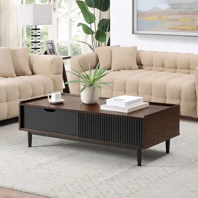 Modern Ribbed Coffee Table with Drawer and Shelf