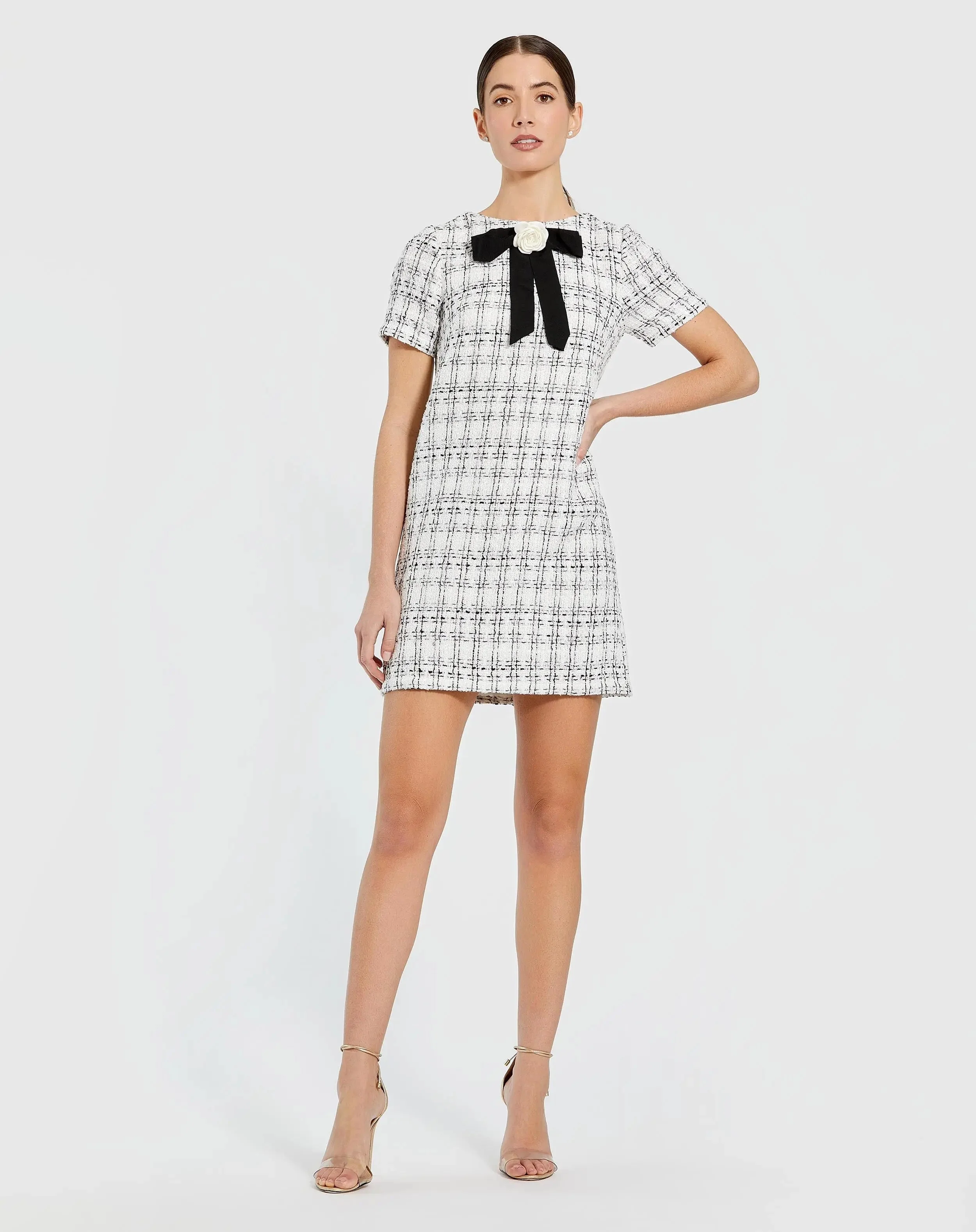 White Short Sleeve High Neck Boucle Mini Dress With Bow