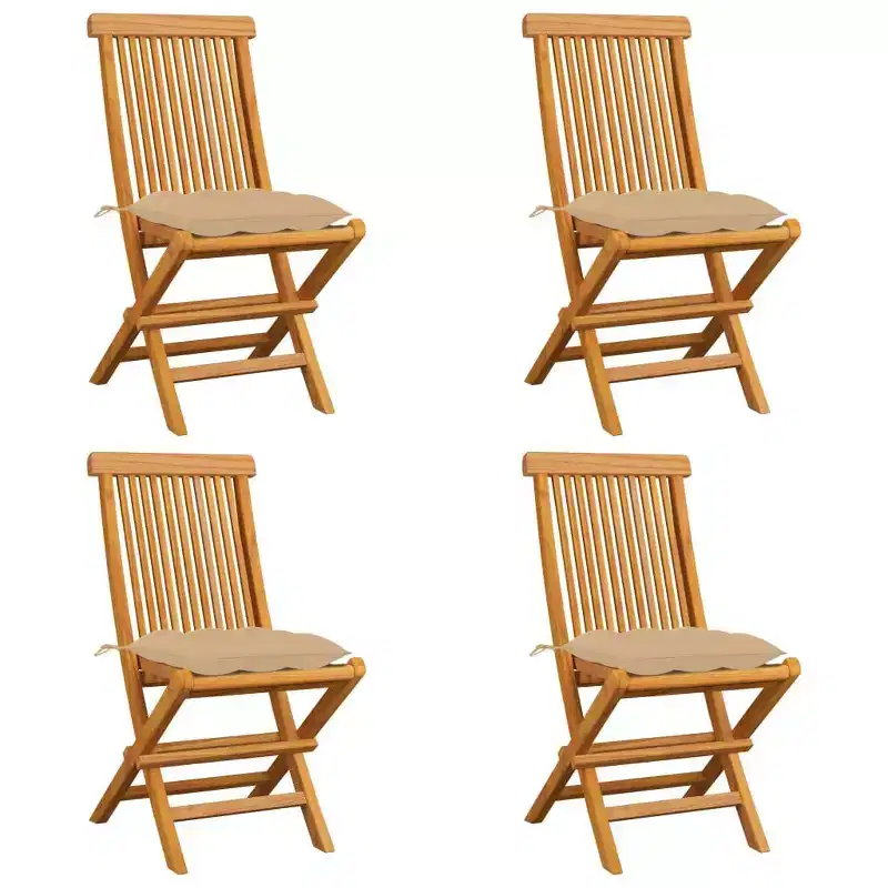vidaXL Solid Teak Wood Patio Chairs, Comfortable Outdoor Seating with Beige Cushions, Lightweight and Foldable, Weather-Resilient and, Set of 4