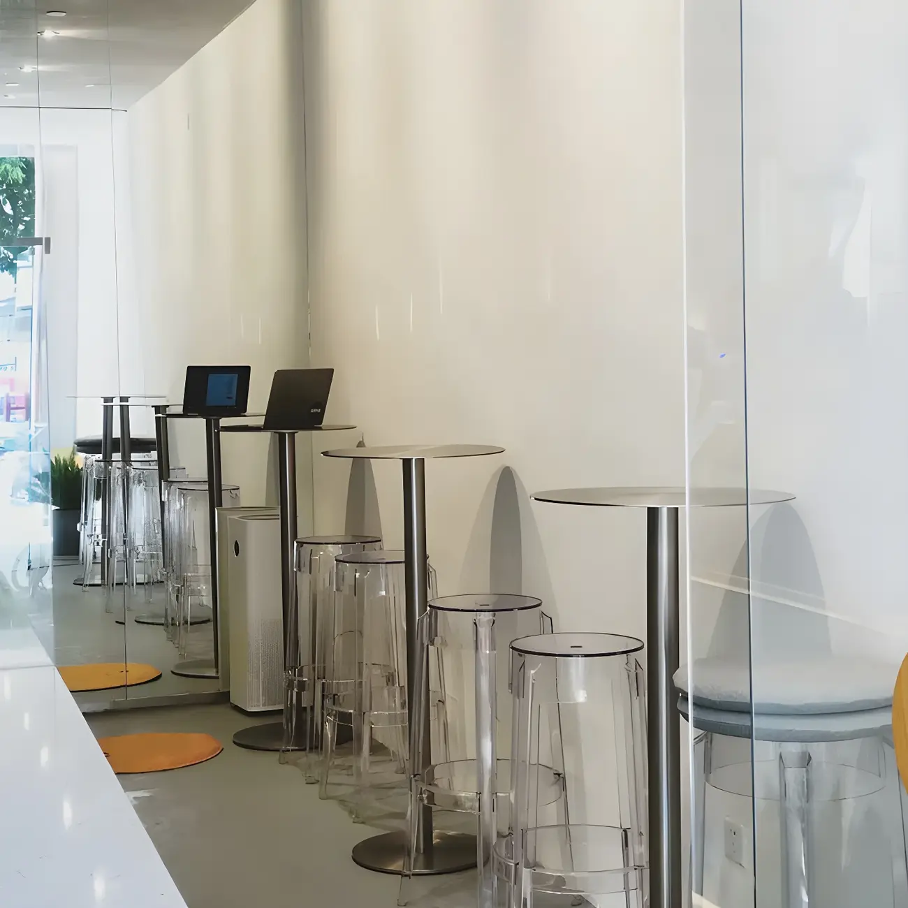 Industrial Silver Metal Pedestal Round Bar Tables