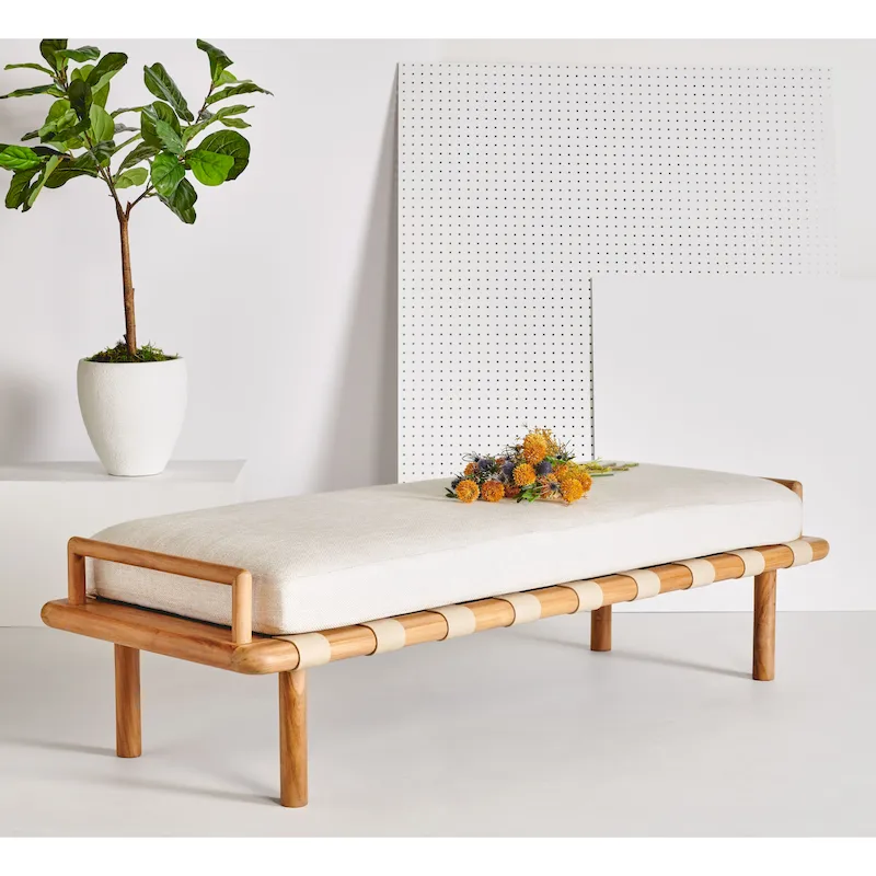 Teak Cushion Bench with Leather Weave - 70