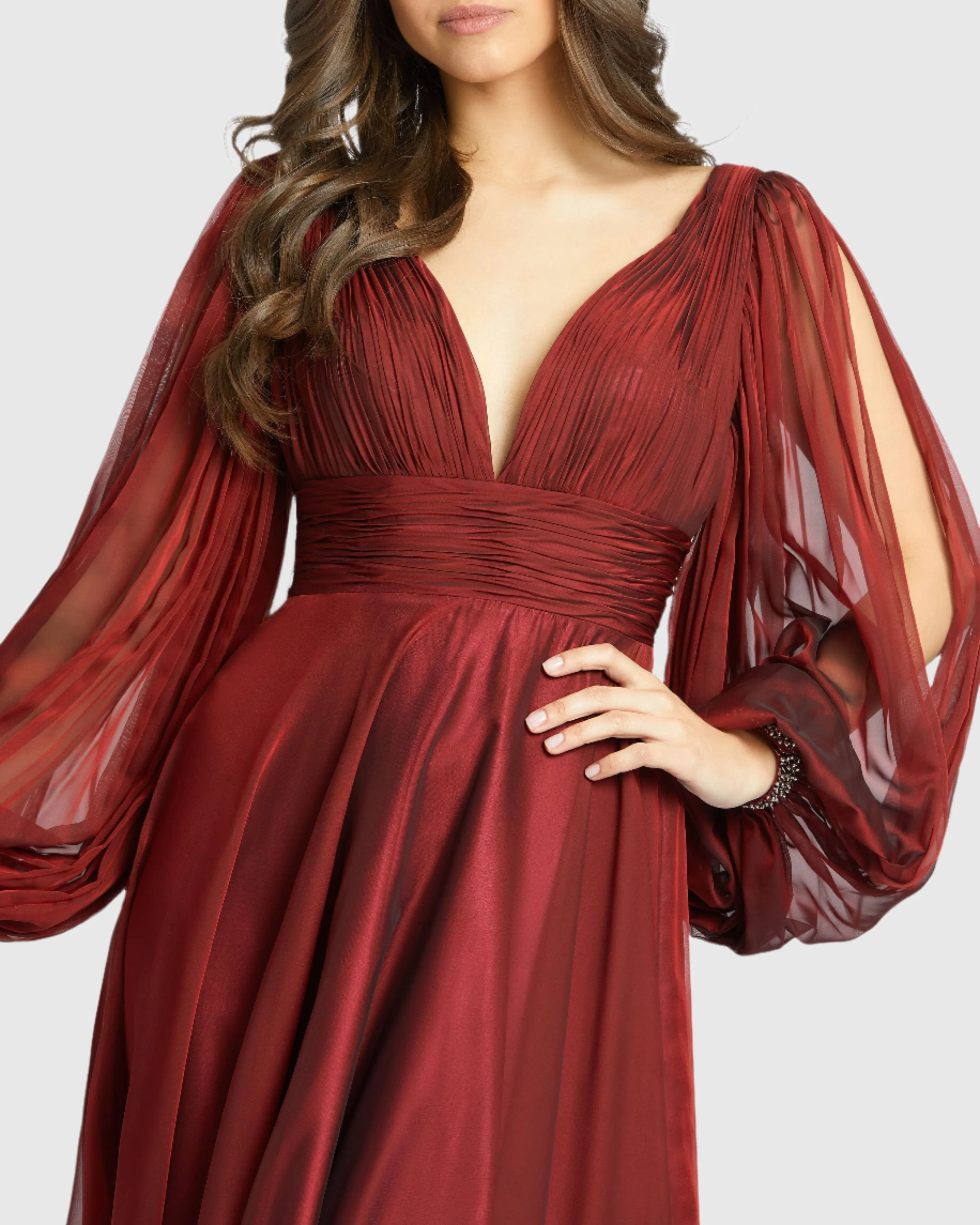 Red Chiffon Open Sleeve A Line Gown