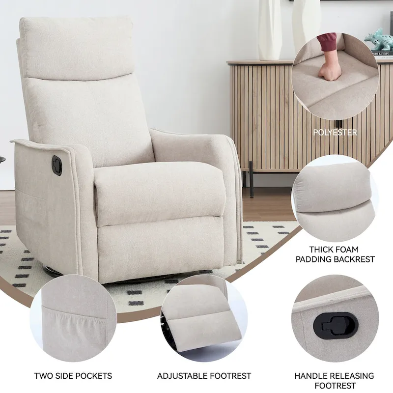 8 Point Massage Manual Recliner Chair Fabric Swivel Rocking Chair Single Sofa Armchair with Rocker and Lumbar Heating