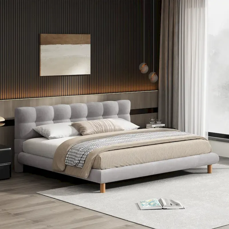 King Size Upholstered Platform with Cookie-Shaped Headboard 12 Slat Support