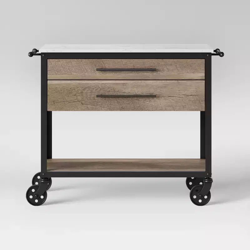 Derry Stone Top Mixed Material Kitchen Island Brown - Threshold™: Solid Hardwood, Storage, Wheels