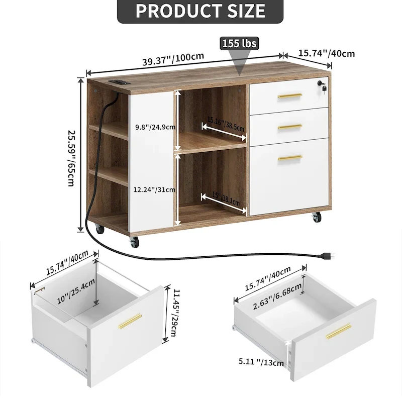 Brown Mobile Wood Lateral File Cabinet with Charging Station & Lock