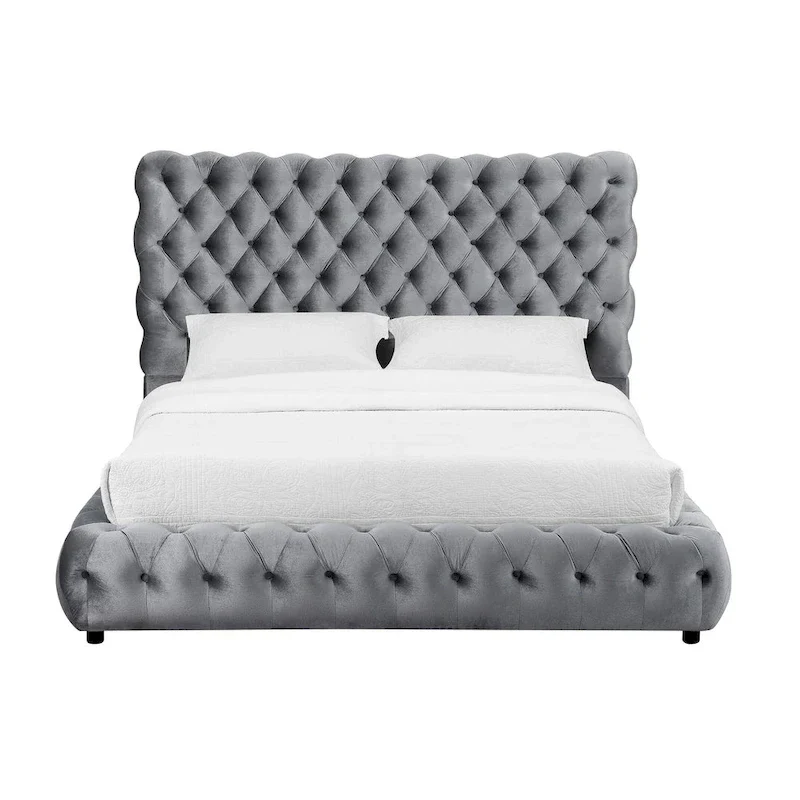 1pc Contemporary Upholstered King Bed Tufted Headboard and Footboard Bedroom Furniture Gray