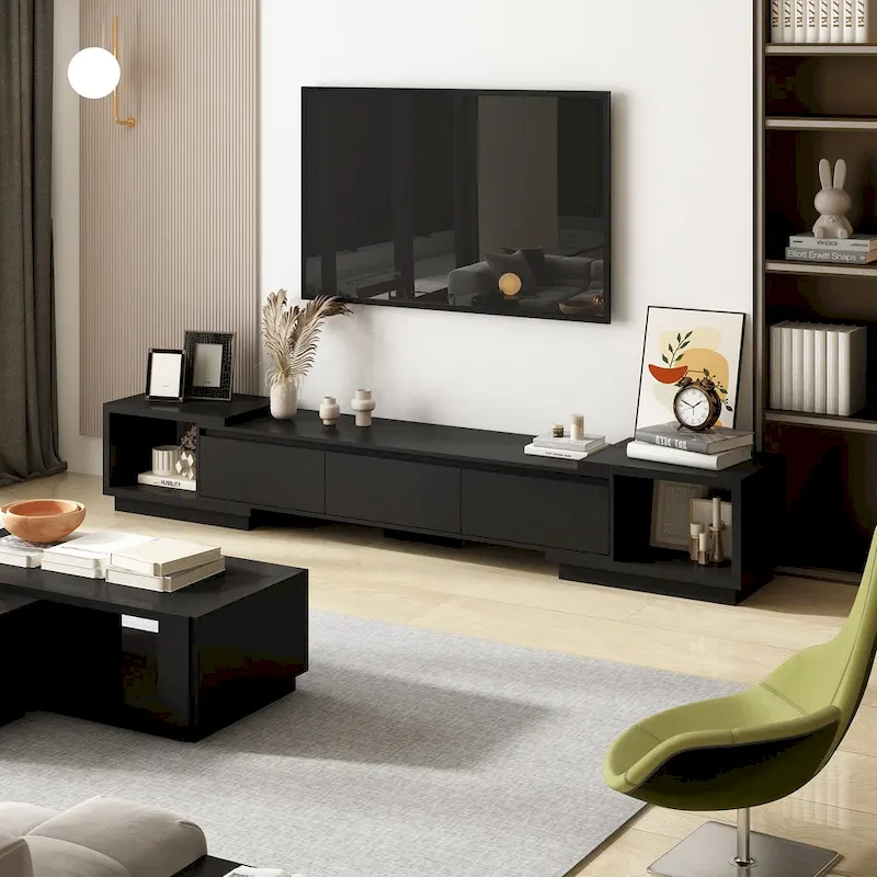 Modern Style Extendable TV Stand with 3Drawer White/Black 65.4-106.3