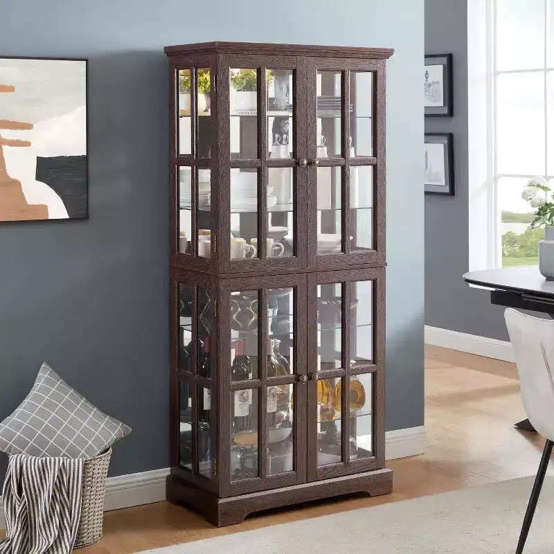 Antique Glass Display Cabinet with Grid Doors, Adjustable Shelves, and Integrated Lighting for Collectibles