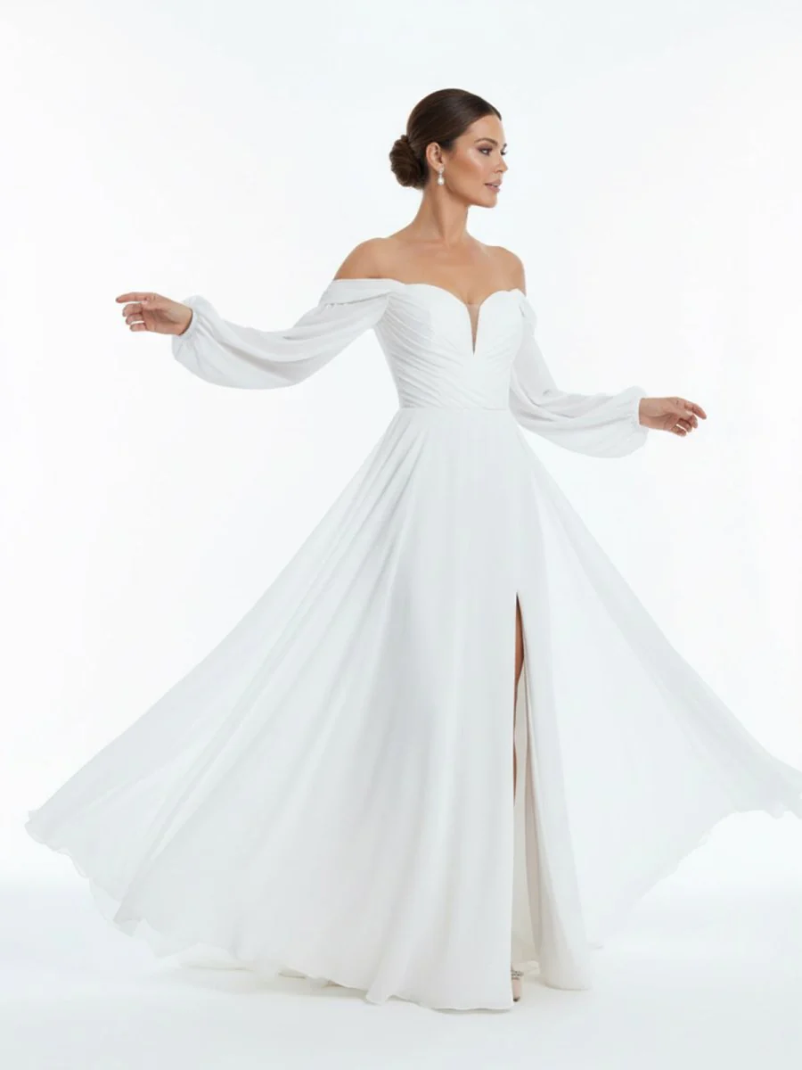 A-Line Sweetheart Long Sleeves Chiffon Sweep Train Wedding Dress