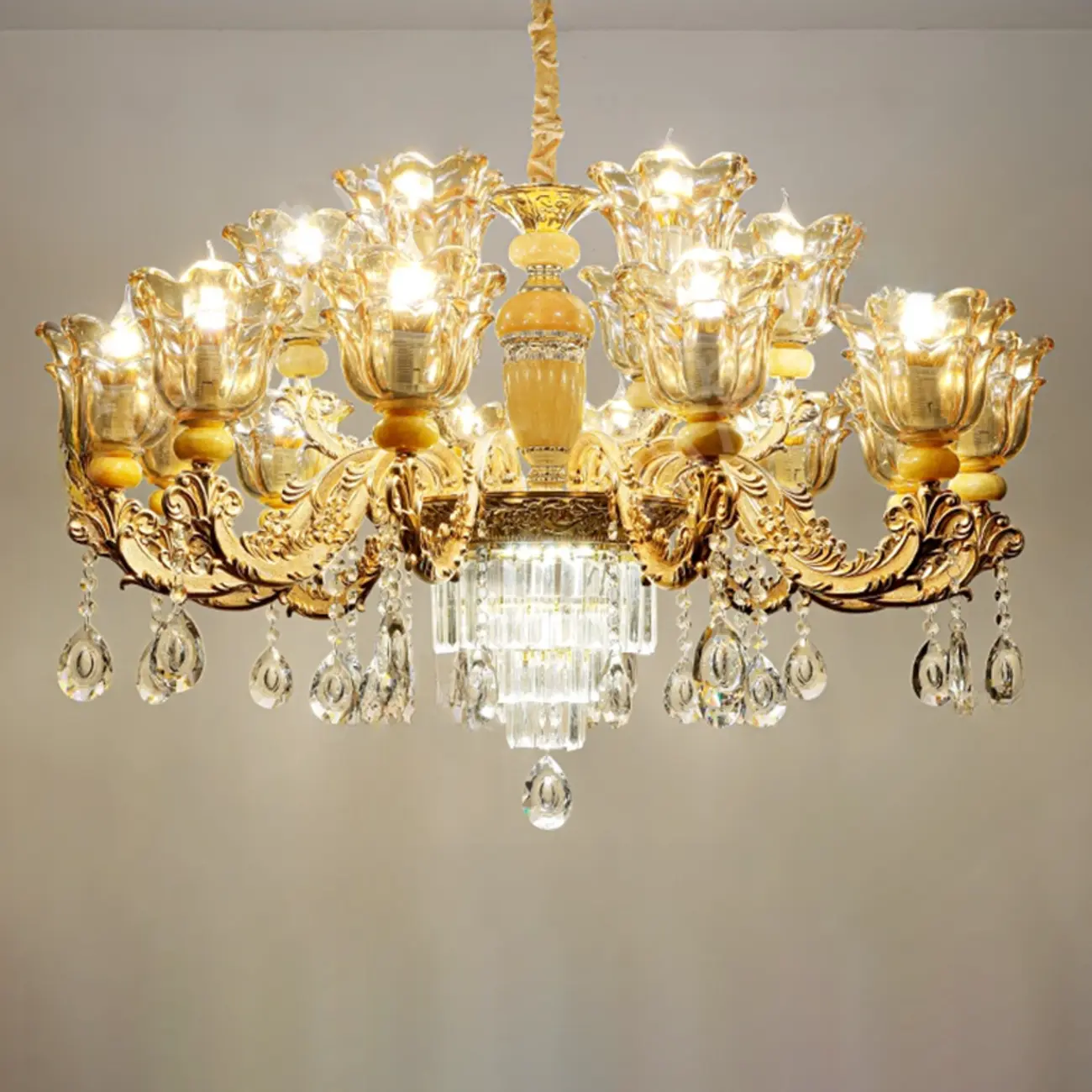 Adjustable Luxury Gold Flower Shape Clear Glass Chandelier