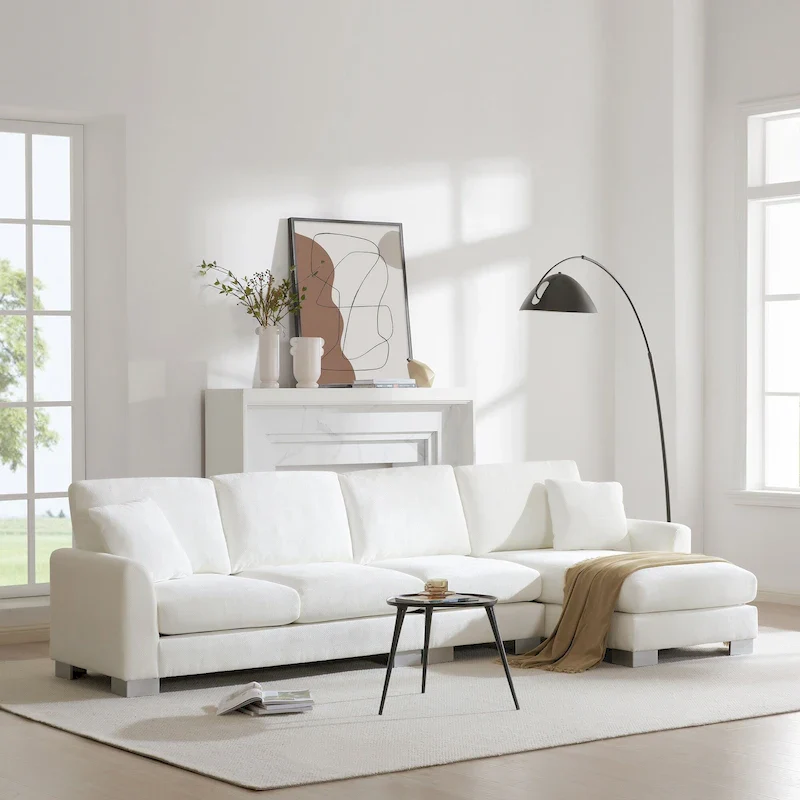 White / Light Gray L-Shaped Sectional Sofa with Chaise, Seats 4–5