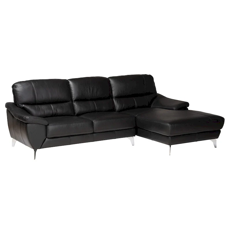 Black & Silver Modern Full Leather 2-Seat Sectional Sofa with Right Facing Chaise