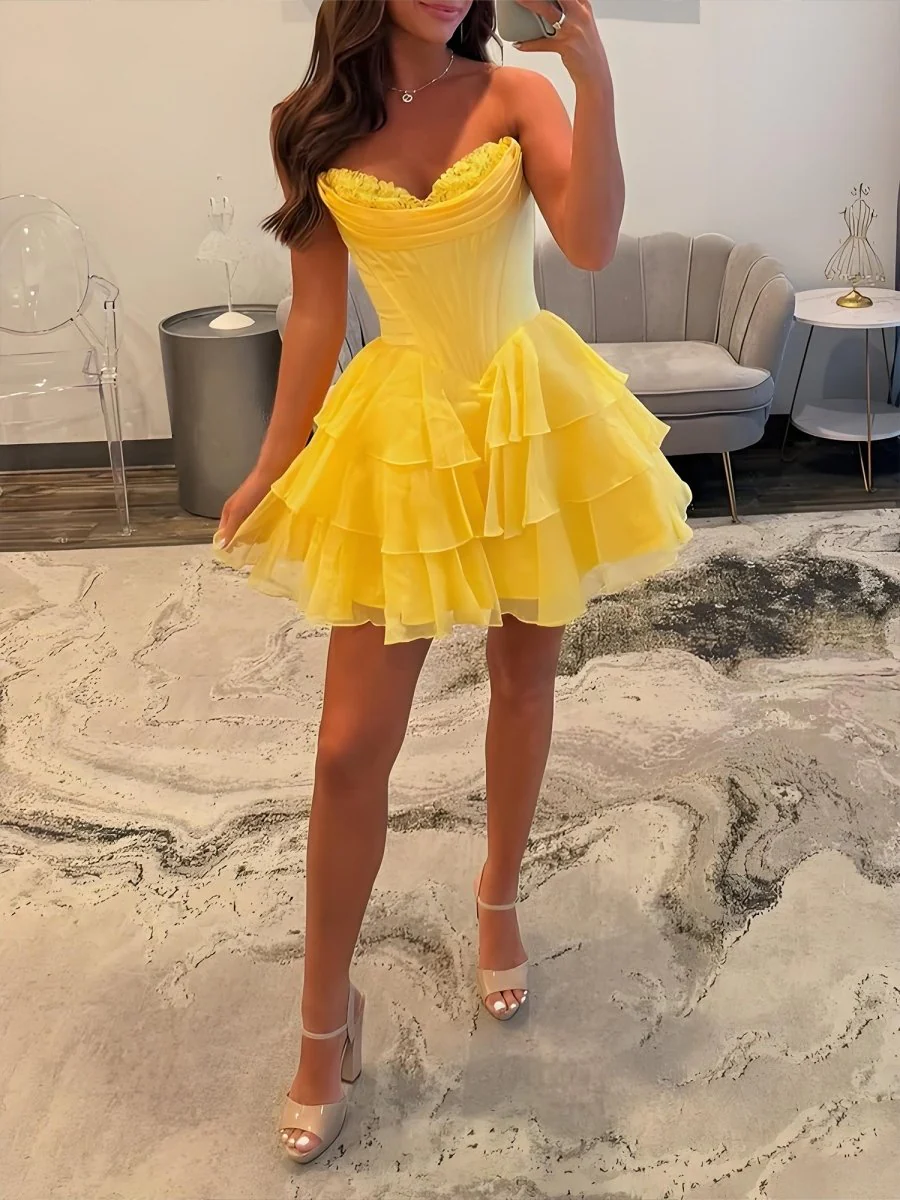 Yellow - A-Line Sweetheart Corset Ruffle Homecoming & Cocktail Dresses With Applique