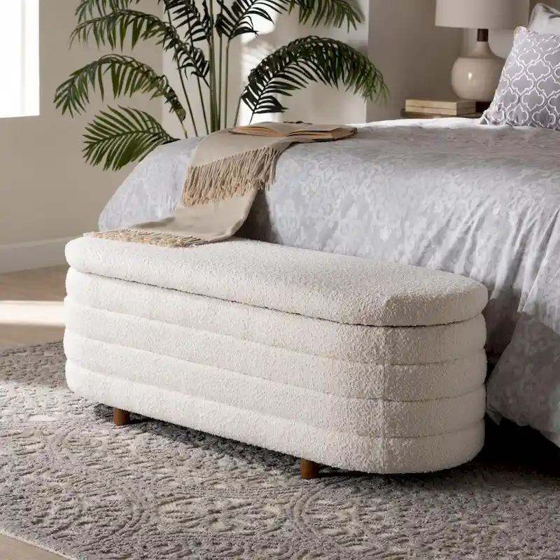 Betiana Modern Japandi Cream Boucle Fabric and Walnut Brown Finished Wood Storage Bench