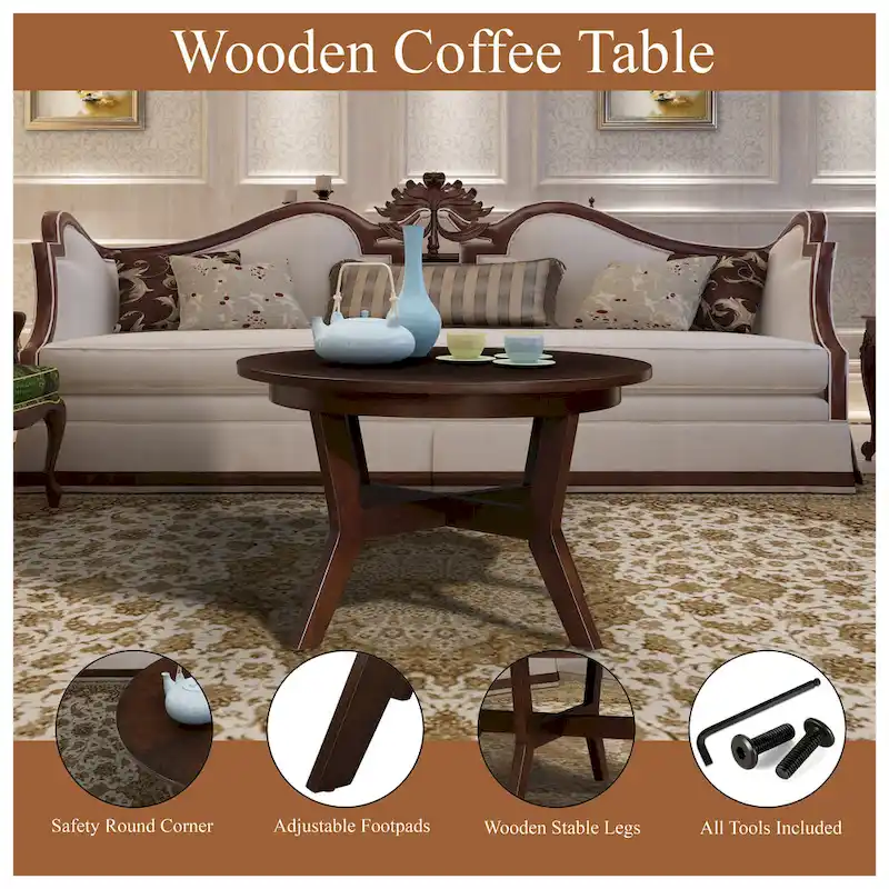 Farmhouse Wood Round Coffee Table with 4 Soild Wood Legs