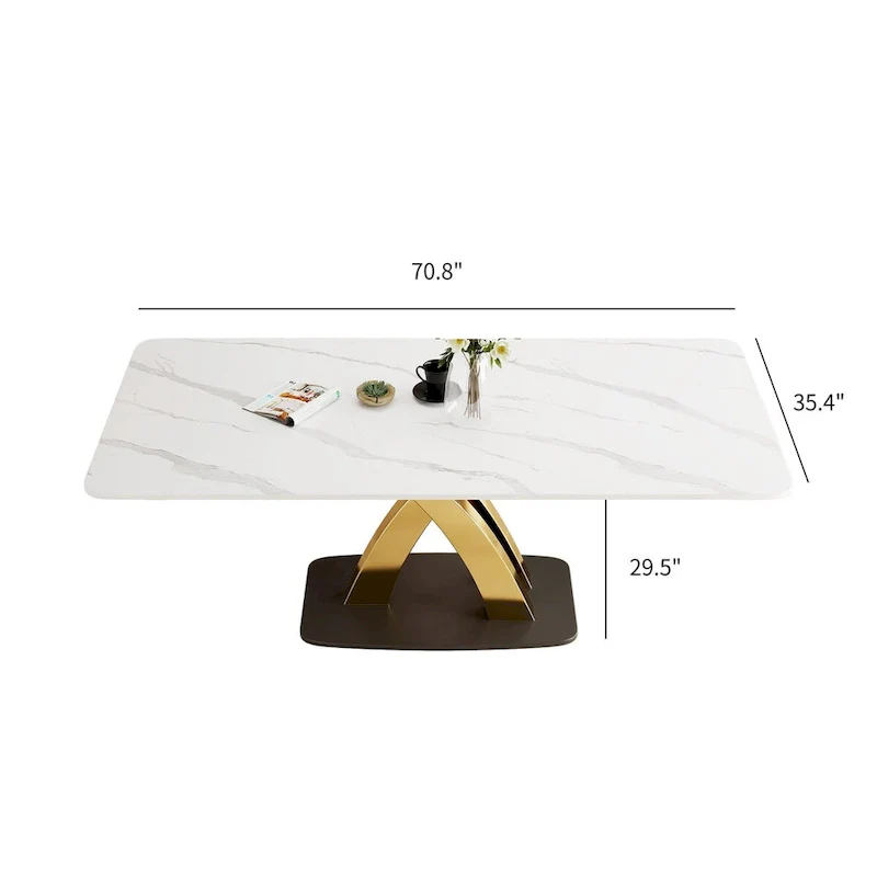 Modern White Rectangular Dining Table,Sintered Stone top,Gold X-Shaped