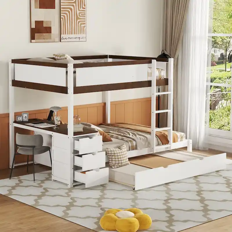 White & Walnut / White Full-Over-Full Bunk Bed with Trundle, Desk & Storage, Sleeps 3