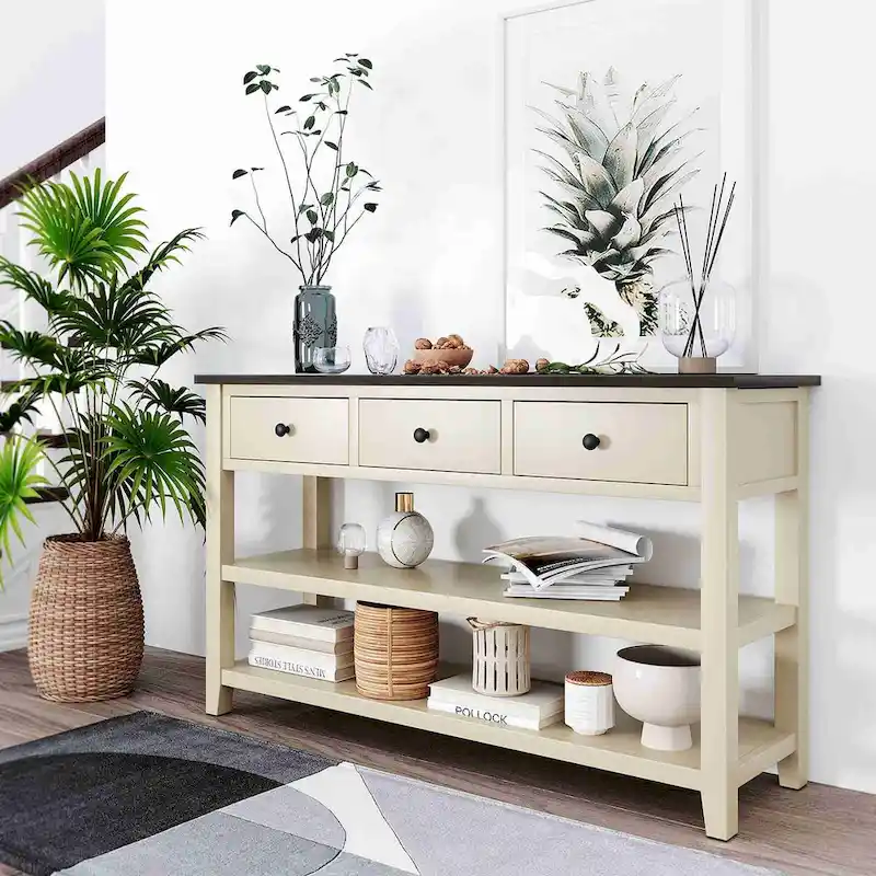 Beige/White/Navy Blue Retro Console Table, 3 Drawers & 2 Open Shelves