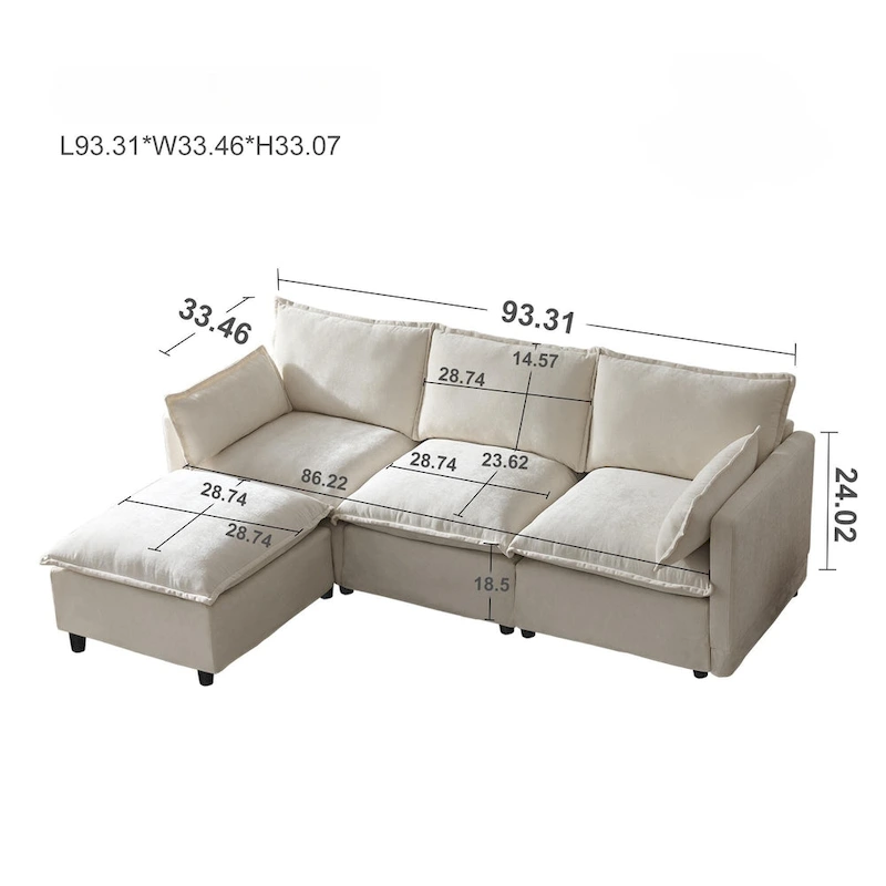 93.31 Faux Linen Modular Sectional Sofa with Ottoman, Wood Frame