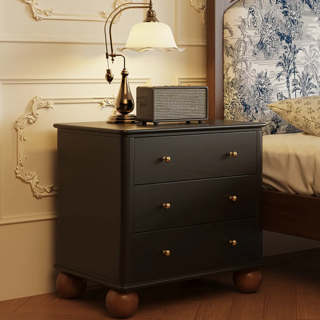 Black Wooden 3-Drawer Spacious Storage Bedroom Nightstand