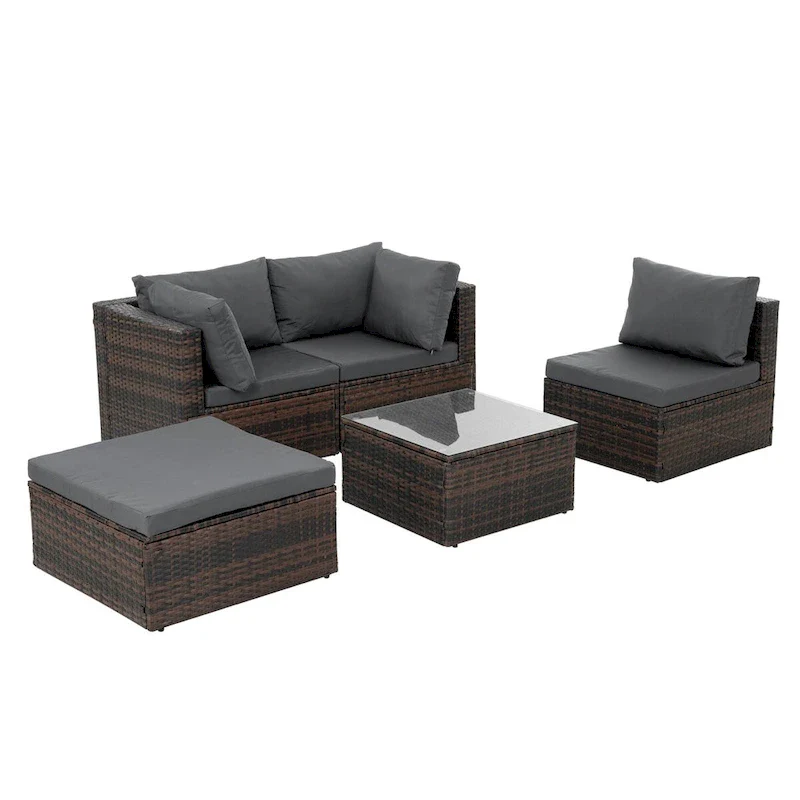 5 Set Wicker Furniture With Tempered Glass Coffee Table