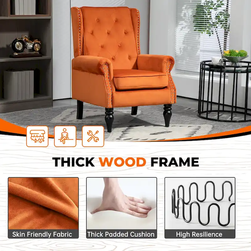 Mid-Century Velvet/Leather Upholstered Tufted Wood Frame Armchair