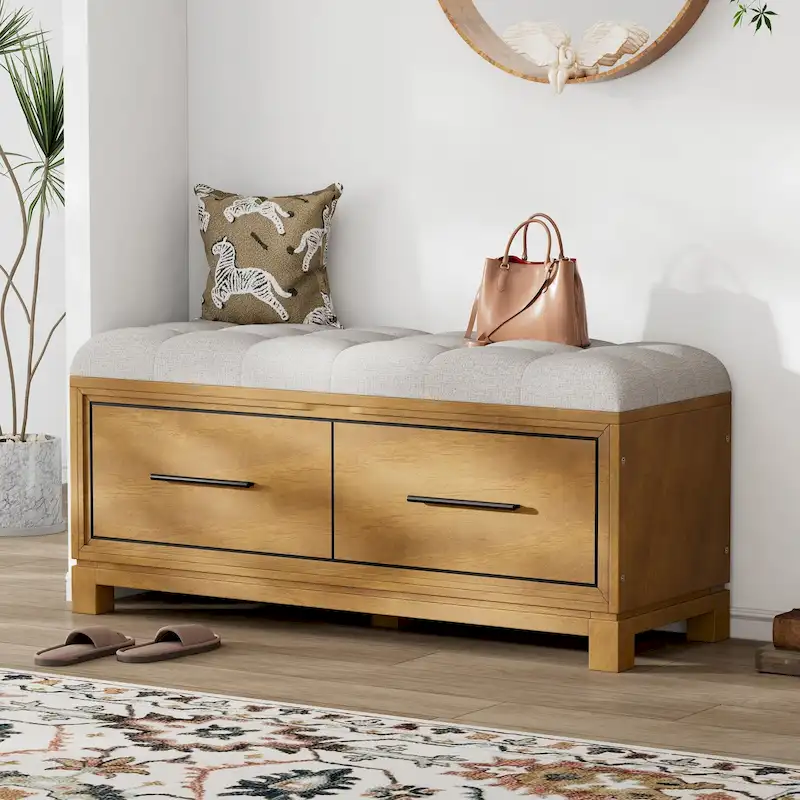 Natural / White / Navy / Espresso Storage Bench with Removable Cushion & Hidden Storage – Single