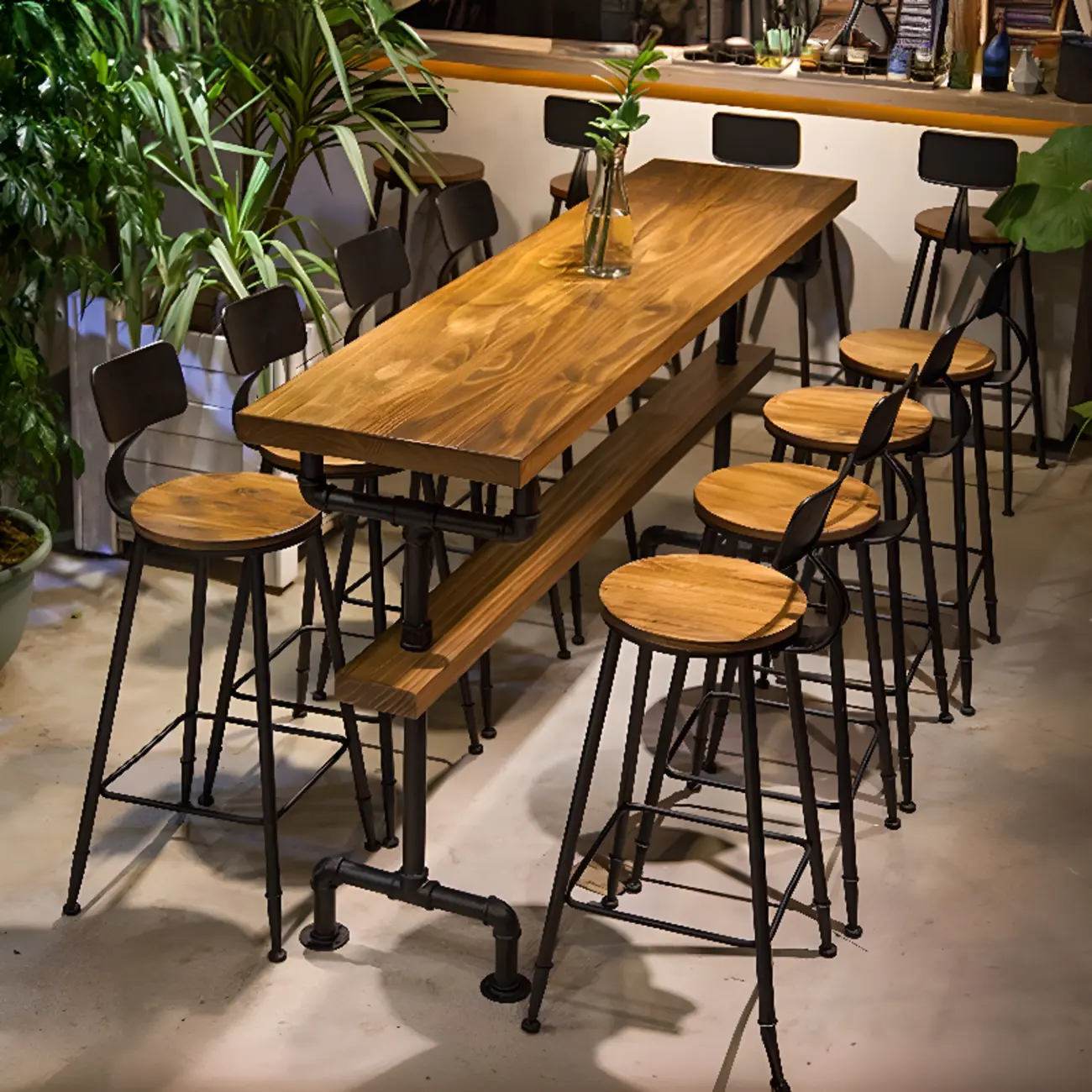 Industrial Brown Black Metal Wood Bar Tables