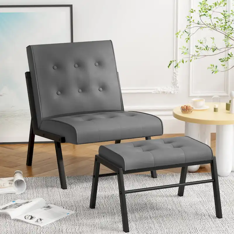 Brown / Gray / Black Mid-Century Faux Leather Armless Accent Chair with Ottoman – 1-Seater