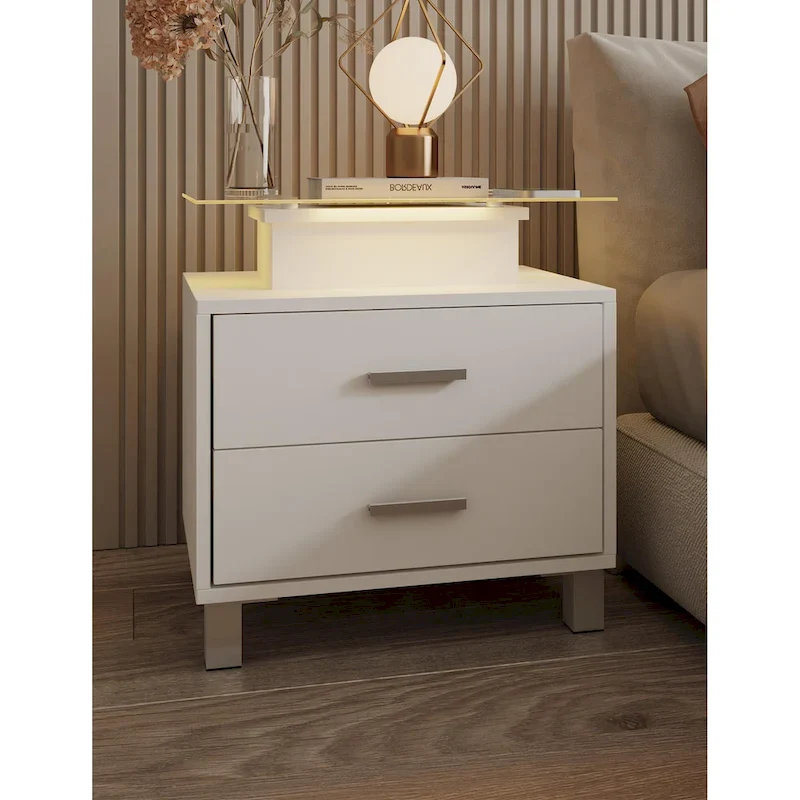 Modern Nightstand with Charging Station and LED Lights - 2 Drawers