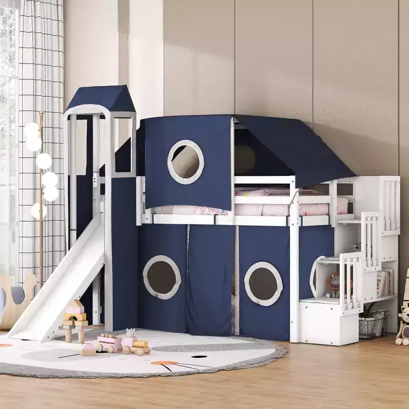 Twin/Full Size Loft Bed with Storage Staircase, Tent and Tower, Pink/Blue - ModernLuxe