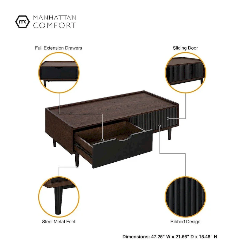 Modern Ribbed Coffee Table with Drawer and Shelf