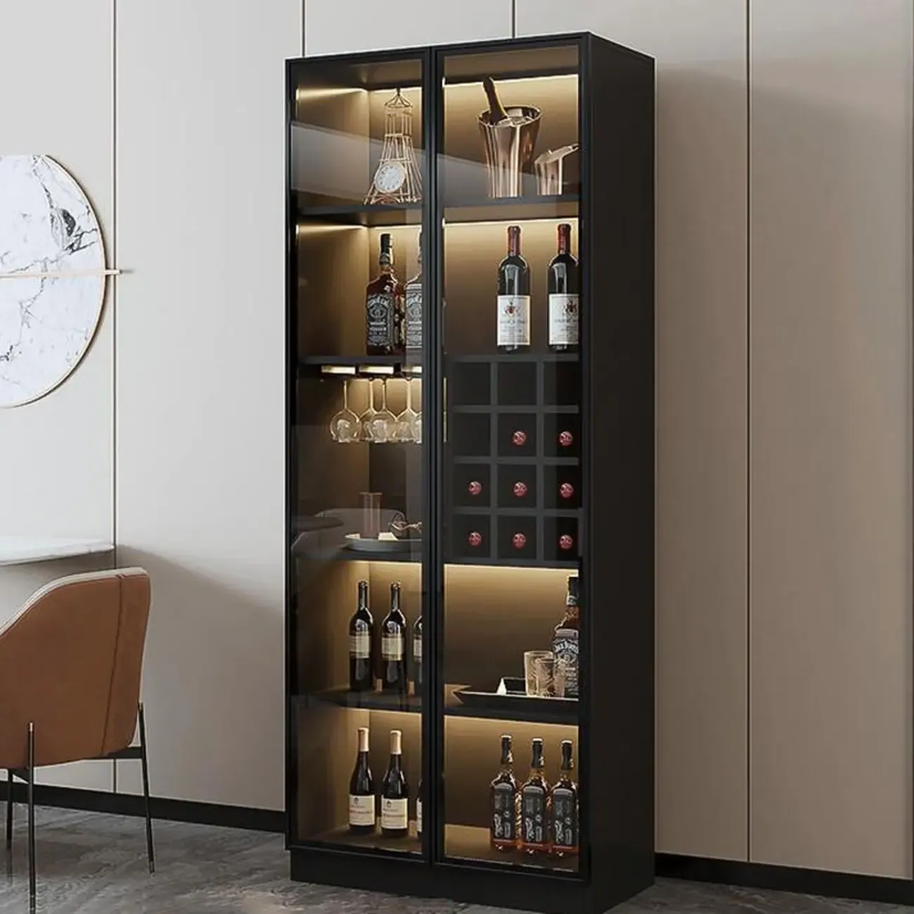 Freestanding Black Wood Glass Door Wine Rack Cabinet