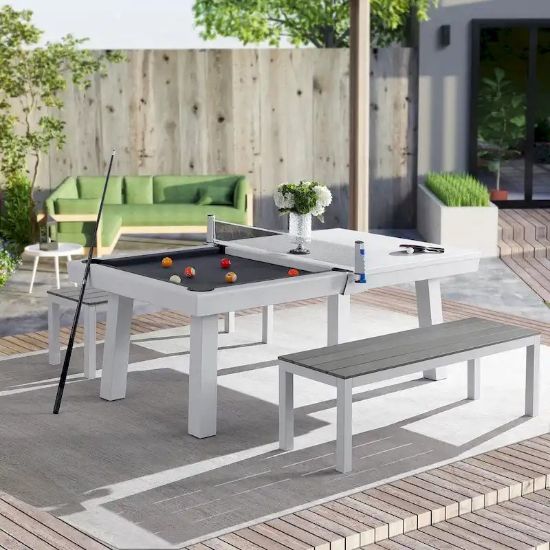Newport Outdoor Patio 7ft Slate Pool Table Dining Set with 2 Benches & Accessories, White Finish - N/A