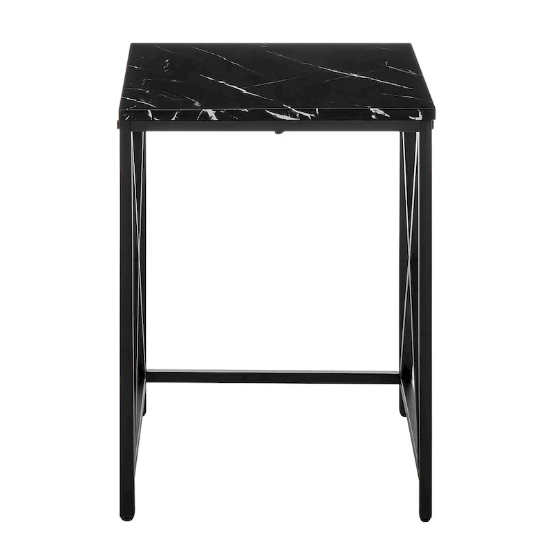 Modern Square Marble Finish Veneer Top Black Metal Frame Nesting End Tables - Set of 2