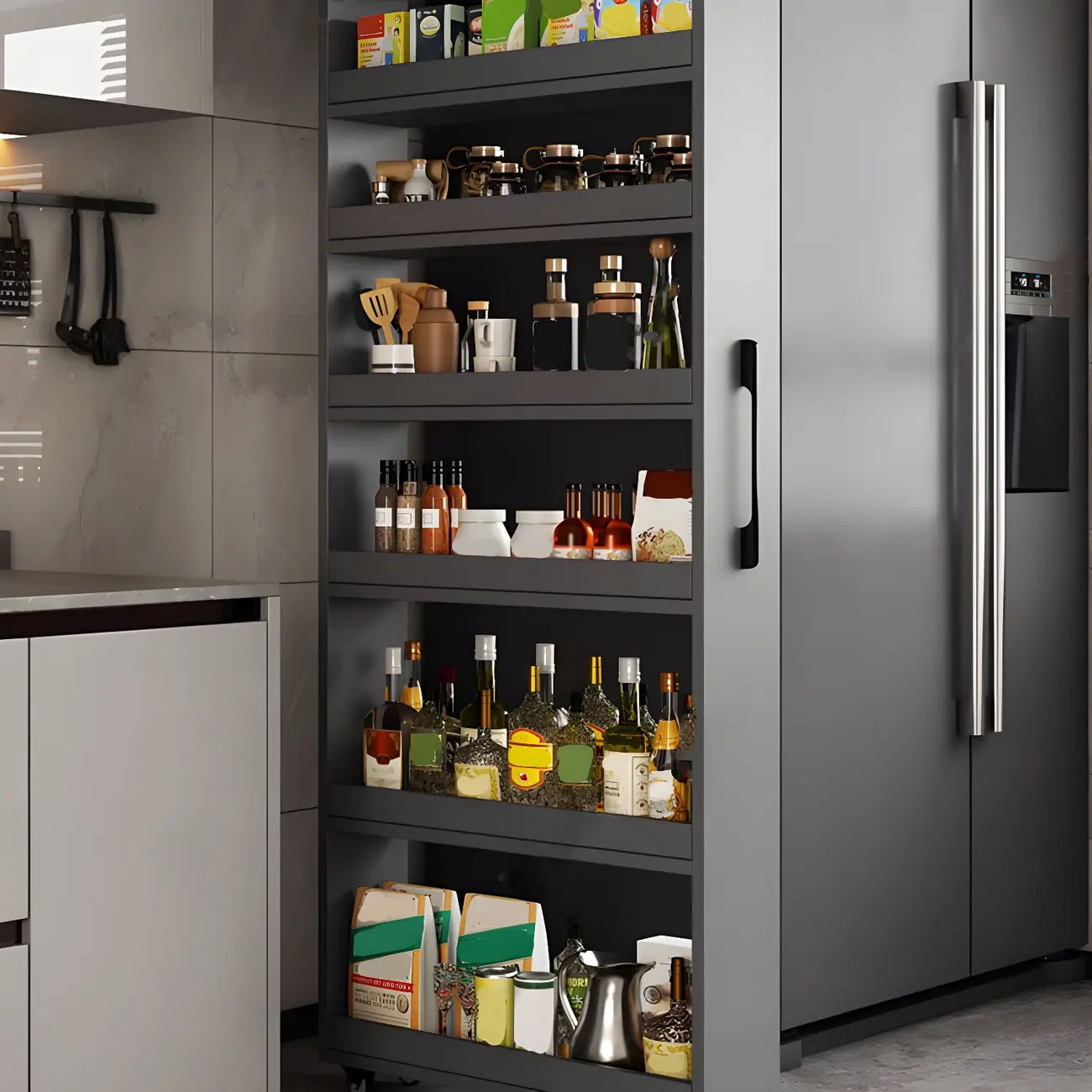 Modern Wooden Buffet Table with Open Shelves and Caster