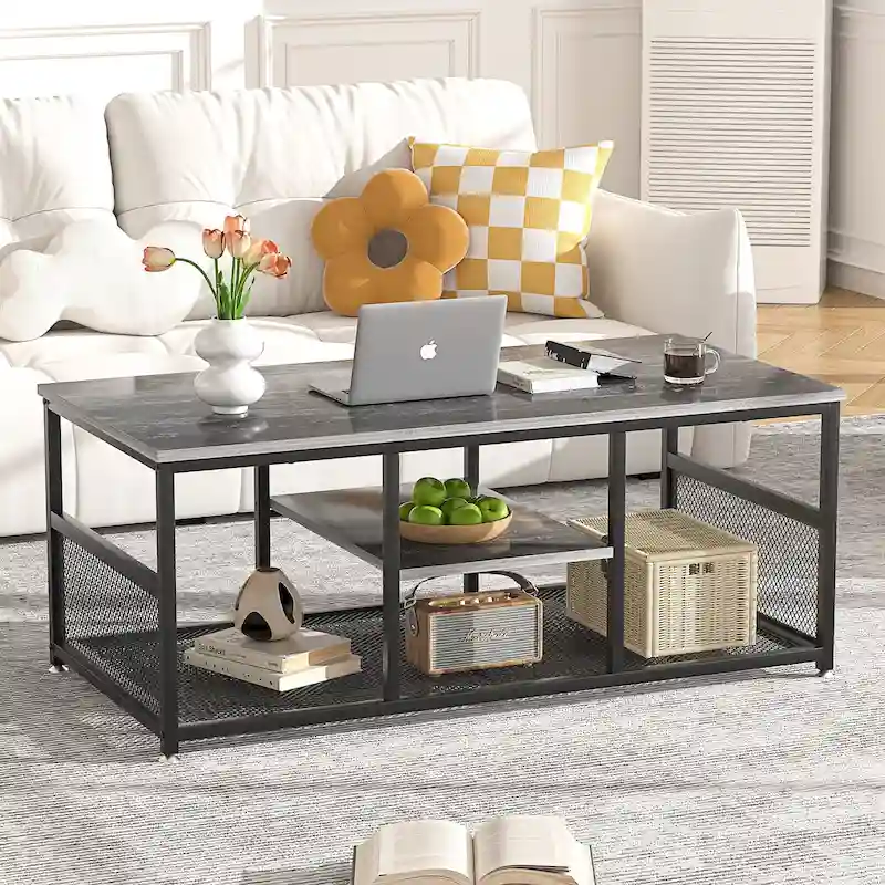 3-Tier Coffee Table with Metal Frame and MDF Shelves