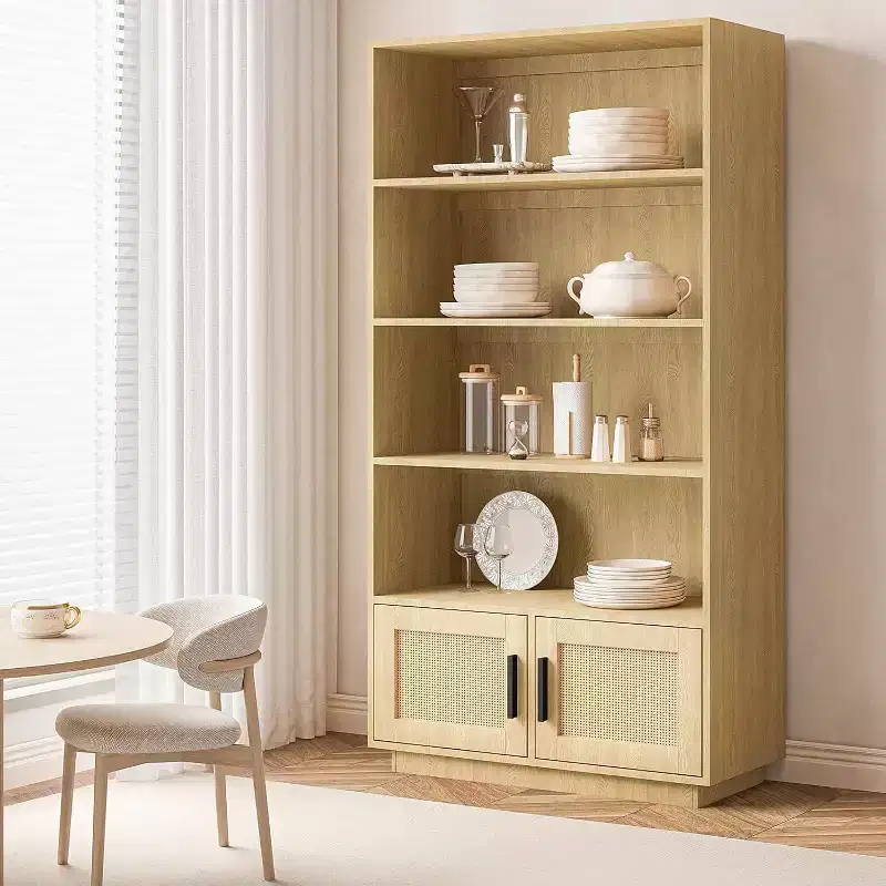 5 Tier Boho Wooden Bookcase with Rattan Doors, Tall Open Shelf Book Stand with Storage for Living Room, Bedroom, Home Office, and Kitchen
