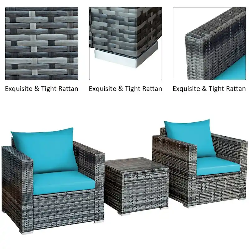 3 Pieces Patio Rattan Furniture Bistro Sofa Set with Cushioned - 28.5 (L) x 27.5 (W) x 27 (H)