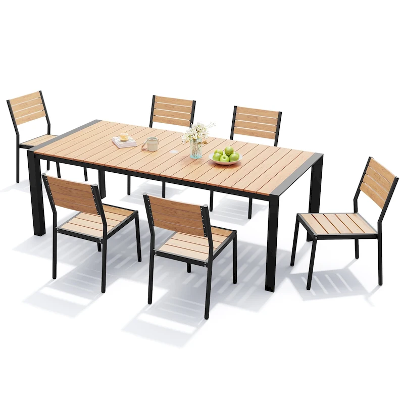 Outdoor 7-Piece Patio Dining Set Stackable Chairs and Dining Table with Umbrella Hole